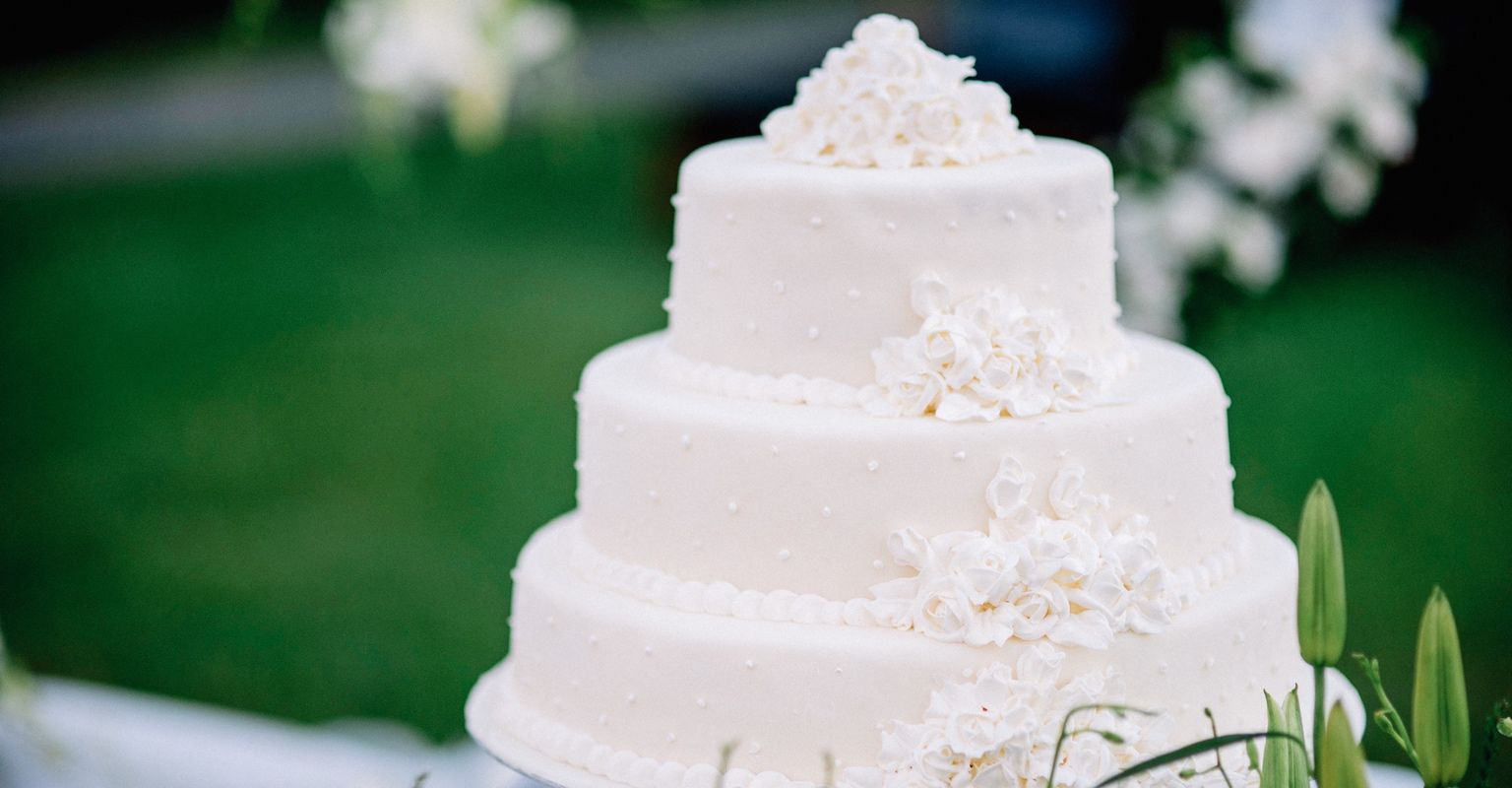 White wedding cake, 3 tiered, with pearls and flowers on each tier